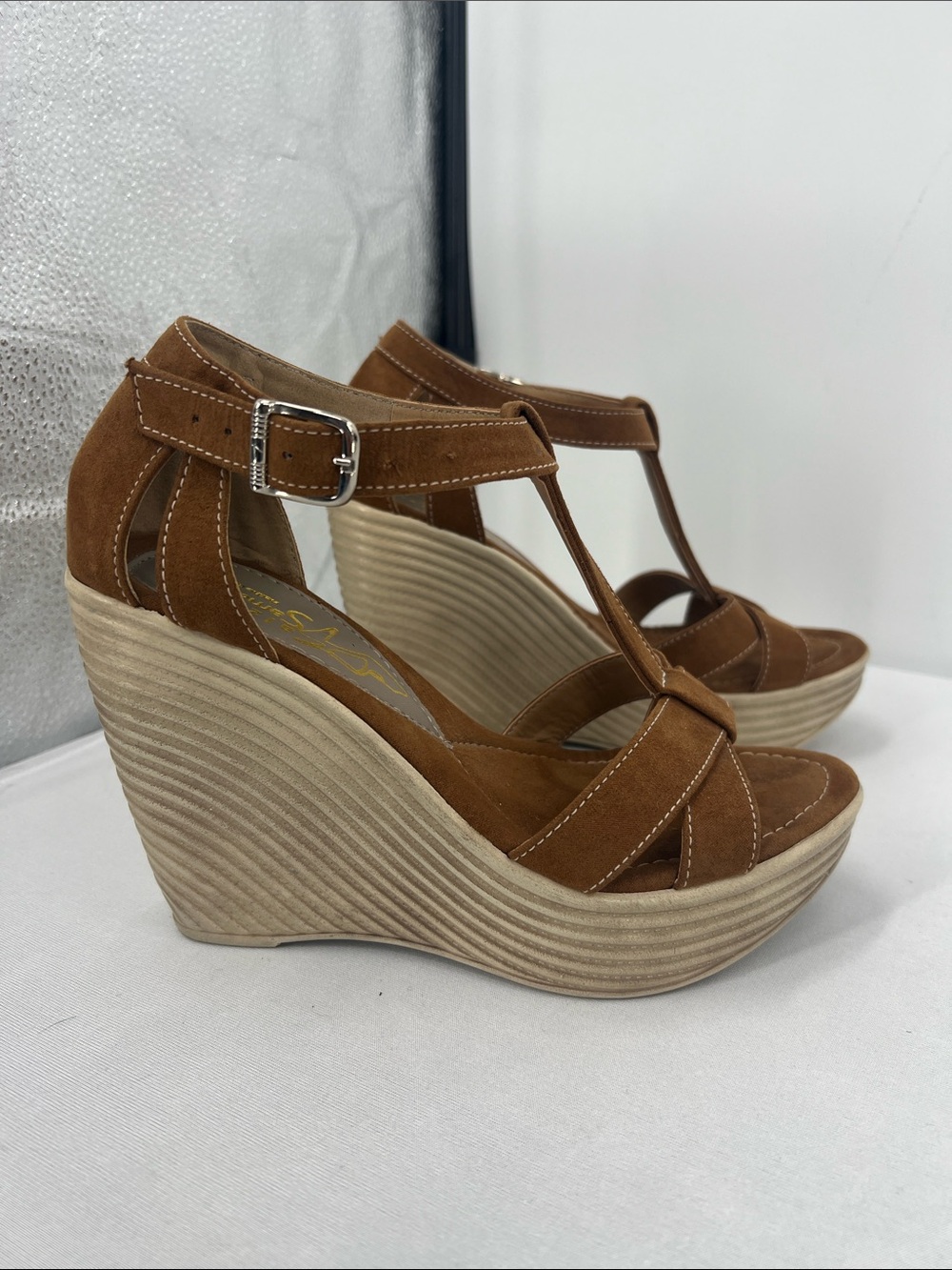 Brown Suede T-Strap Wedge Sandals - Picture 2 of 5